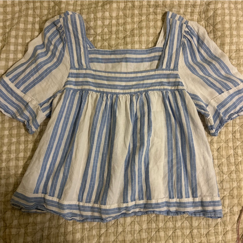 Old Navy Blue and White Striped Linen Blouse